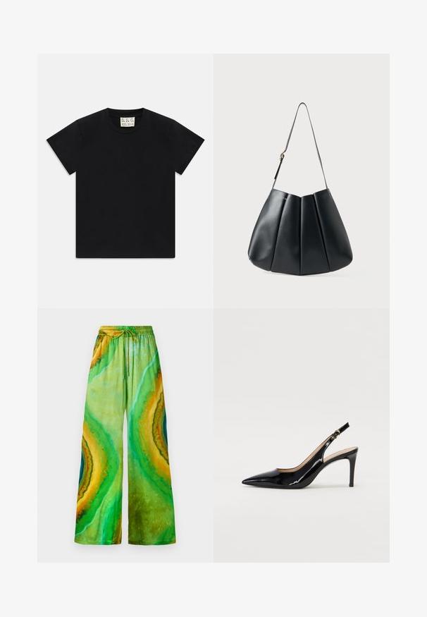 Crna kratka majica s okruglim izrezom i kratkim rukavima s bijelim oznakom unutar ovratnika na kojoj piše "D.R.C. EST. 2002" na bijeloj pozadini.; Zelene i žute široke hlače s uzorkom, elastičnim pojasom i vezicom. Glatka tkanina s tečnim, apstraktnim dizajnom.; Crne lakirane slingback cipele s oštrim vrhom, uskim potpeticama i suptilnim izrezom. Sadrže zlatnu kopču na traku.; Crna kožna torba preko ramena s nabranim dizajnom, glatkom teksturom, jednim remenom i suptilnim zlatnim detaljem.