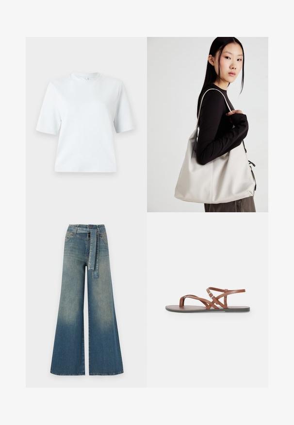 Svijetloplava majica kratkih rukava od mekog pamuka. Ima klasičan okrugli izrez i opušteni kroj, bez uzoraka ili dodataka.; Široke traperice s gradijentom od svijetloplave do tamnoplave, visokog struka, petljama za remen i remenom od istog materijala. Teksturirana traper tkanina.; Smeđe kožne ravne sandale s ukriženim trakama, otvorenim prstima i kopčanom trakom oko gležnja. Glatka tekstura i minimalistički stil.; Bežna torba od mekog materijala s opuštenim dizajnom, šivanim detaljima i dva remena za rame. Pogodna za svakodnevnu upotrebu.