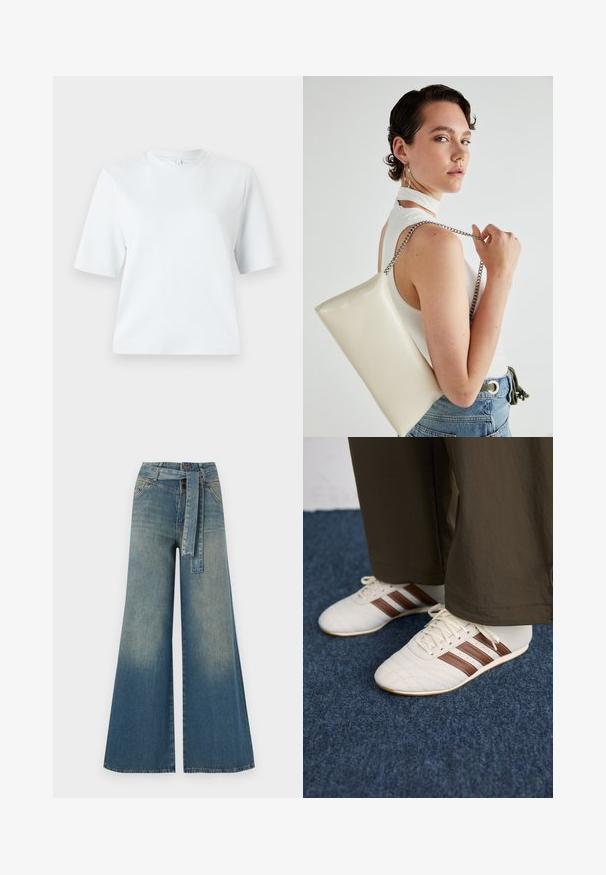 Világoskék, rövid ujjú póló, puha pamutból készült. Klasszikus, kerek nyakú és laza szabású, minta vagy díszítés nélkül.; Bőszárú farmernadrág, világos és sötétkék árnyalatokkal, magas derekú, övgyűrűkkel és a nadrággal megegyező anyagú övvel. Textúrált farmer kivitel.; Fehér tornacipők barna csíkokkal, barna nadrággal viselve, kék szőnyegpadlón.; Fehér, téglalap alakú, fényes anyagból készült clutch táska, ezüst láncos pánttal. A modell pózol, bemutatva a táskát egy egyszínű háttér előtt.