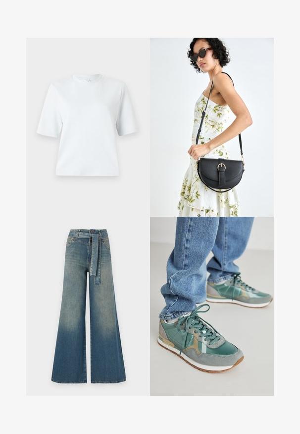 Tricou scurt cu mânecă, de culoare bleu deschis, fabricat din bumbac moale. Are un decolteu clasic rotund și o croială lejeră, fără modele sau accente.; Pantaloni din denim largi, cu un gradient de la albastru deschis la albastru închis, talie înaltă, bucle pentru curea și o curea din același material. Finisaj texturat din denim.; Tenisi verzi dintr-un amestec de piele și suede, cu un finisaj texturat, șireturi și o talpă intermediară albă. Purtați cu blugi albaștri.; Geantă din piele neagră, cu o formă curbată, curea detașabilă și accesorii aurii. Geanta are un capac cu un detaliu tip cataramă.