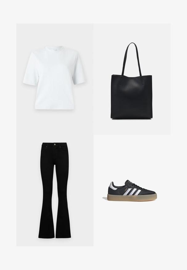 Világoskék, rövid ujjú póló, puha pamutból készült. Klasszikus, kerek nyakú és laza szabású, minta vagy díszítés nélkül.; Fekete, magas derekú farmernadrág gomb- és cipzárzárral, elülső zsebekkel és harangszárral, laposan egy fehér háttérre terítve.; Fekete bőr sportcipő három ezüst csíkkal, texturált orral és gumi talppal. Párnázott boka rész és fűzős kialakítás jellemzi.; Fekete bőrtáska sima felszínnel, téglalap alakú, két hosszú füllel. Nincs látható fémkiegészítő vagy díszítés.