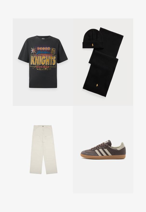 Čierne bavlnené tričko s potlačou "Vegas Golden Knights Hockey" v zlatej, modrej a červenej farbe, so šípkovými a štítovými ikonami a bodovými akcentmi.; Svetlo béžové široké nohavice vyrobené z bavlny, s prednými vreckami, uzatvorením na jeden gombík a viditeľnými švovými detailmi.; Hnedá kožená teniska s tromi svetlosfarbenými pruhmi, gumovou podrážkou, okrúhlou špičkou a textúrovanými semišovými akcentmi na päte a špičke.; Čierny pletený set čiapky a šálu. Obsahuje vrúbkovanú textúru a zlaté logo akcenty. Mäkko tkanina s elegantným dizajnom, vhodné na chladné počasie.