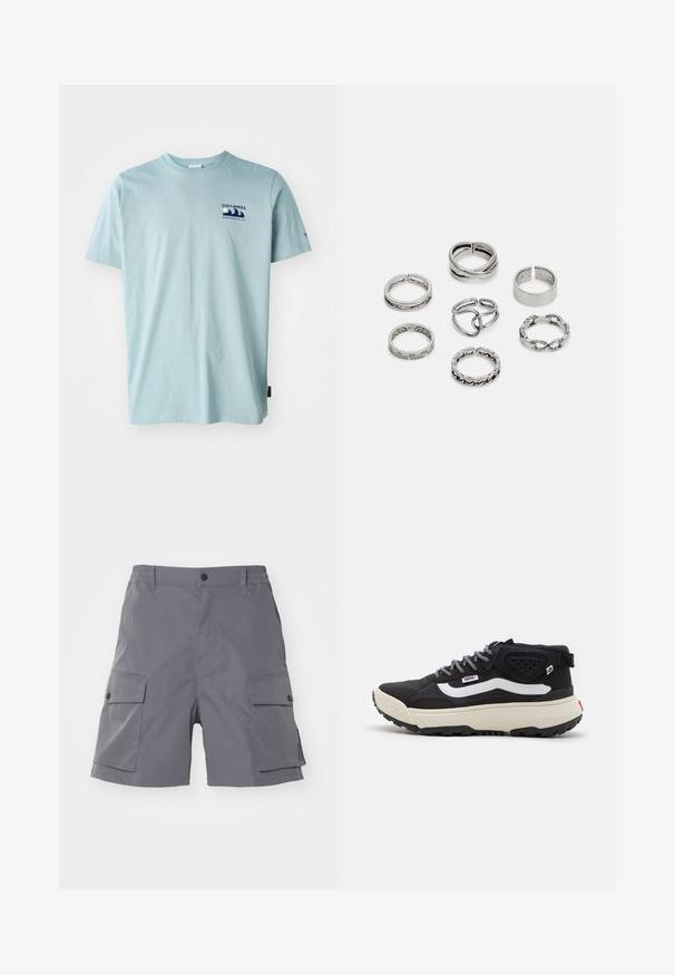 Columbia EXPLORERS CANYON BACK TEE - Print T-shirt - crushed blue; Carhartt WIP BALTO - Shorts - graphite; Black mid-top sneaker with a textured upper, white side stripe, gray laces, and a chunky cream sole. Features reinforced heel and black outsole.; Set of seven silver rings featuring various designs, including twisted, linked, and engraved patterns. Different shapes and widths.