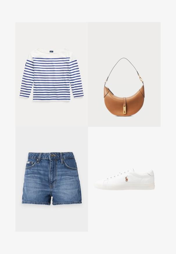 Dolg rokav v beli barvi iz bombaža z vodoravnimi modrimi črtami. Ima čolnasti izrez in majhno logotipno oznako na levem rokavu.; Denim kratke hlače v srednji modri barvi, s petimi žepi, zadnjimi zankami za pas in raztrganim robom. Standardno zapiranje z gumbom in zadrgo.; Bela usnjena teniski čevlji, nizki model, z gladko teksturo, okrogle konice, vezavi spredaj ter majhnim vezenim logotipom na strani.; Torbica iz rjavega usnja s ukrivljeno obliko, z zlatimi dodatki in tankim naramnim trakom. Ima zadrgo za zapiranje in detajl logotipa na sprednji strani.