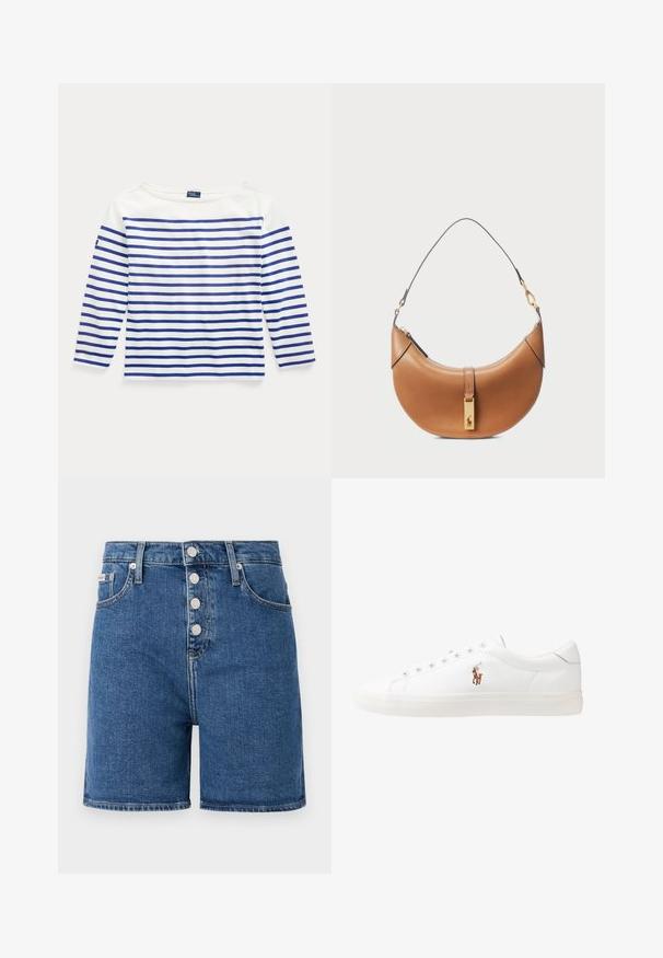 Biely top s dlhým rukávom z bavlny s horizontálnymi modrými pruhmi. Má lodičkový výstrih a malú logovú nášivku na ľavom rukáve.; Džínové šortky strednej modrej farby s vysokým pásom, s uzáverom na gombíky a piatimi vreckami. Hladká textúra s minimálnymi švovými detailmi.; Biele kožené tenisky s nízkym strihom, s hladkou textúrou, okrúlym špičkou, šnurovaním vpredu a malým vyšitým logom na boku.; Hnedá kožená kabelka s zakriveným tvarom, zlatými kovovými prvkami a tenkým ramenným popruhom. Obsahuje zipsové uzatváranie a detail s logom na prednej strane.