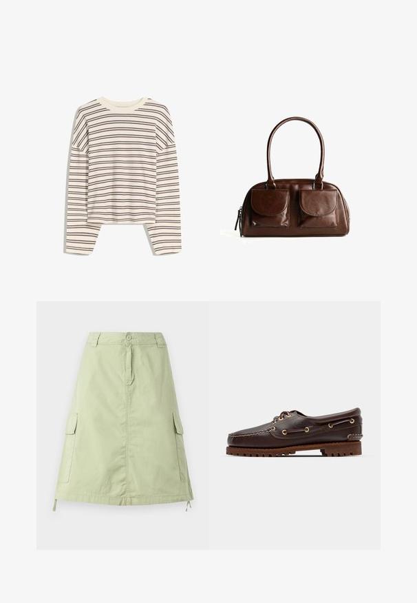 Dlhý rukáv, tričko s okrúhlym výstrihom v krémovej farbe s horizontálnymi vínovými pruhmi, s voľným strihom a jemnou, hladkou štruktúrou tkaniny.; Svetlozelená bavlnená sukňa po kolená s dvoma bočnými cargo vreckami, zapínaním na gombík a uvoľneným rovný strihom. Hladká textúra.; Hnedé kožené loďkové topánky so zlatými očkami, okrúhlymi šnúrkami a štruktúrovanou hnedou gumovou podrážkou. Obsahuje prešívané detaily a vyvýšené logo.; Hnedá kožená kabelka s dvoma prednými vreckami na klopu, zaoblenými rúčkami a zipsom na boku na bielom pozadí.