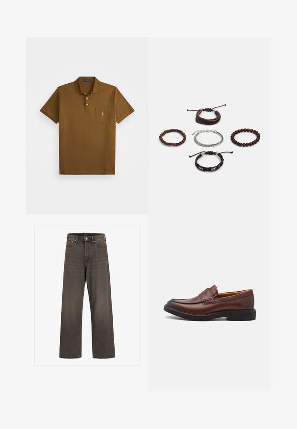 Braunes Polohemd aus Baumwolle mit Kragen, zwei Knöpfen auf der Leiste und einer linken Brusttasche mit gesticktem Logo. Kurze Ärmel.; Weite Jeans aus dunkelgrauem Denim mit hoher Taille, klassischem Fünf-Taschen-Design und kontrastierendem Stepp entlang der Nähte.; Braune Lederloafer mit runder Zehenpartie, dekorativer Naht und schwarzer Gummisohle. Glatte Textur und minimale Designmerkmale.; Set aus fünf Armbändern mit braunem Leder, Holzperlen und einer Silberkette; unterschiedliche Texturen und Formen, mit verstellbaren Verschlüssen.