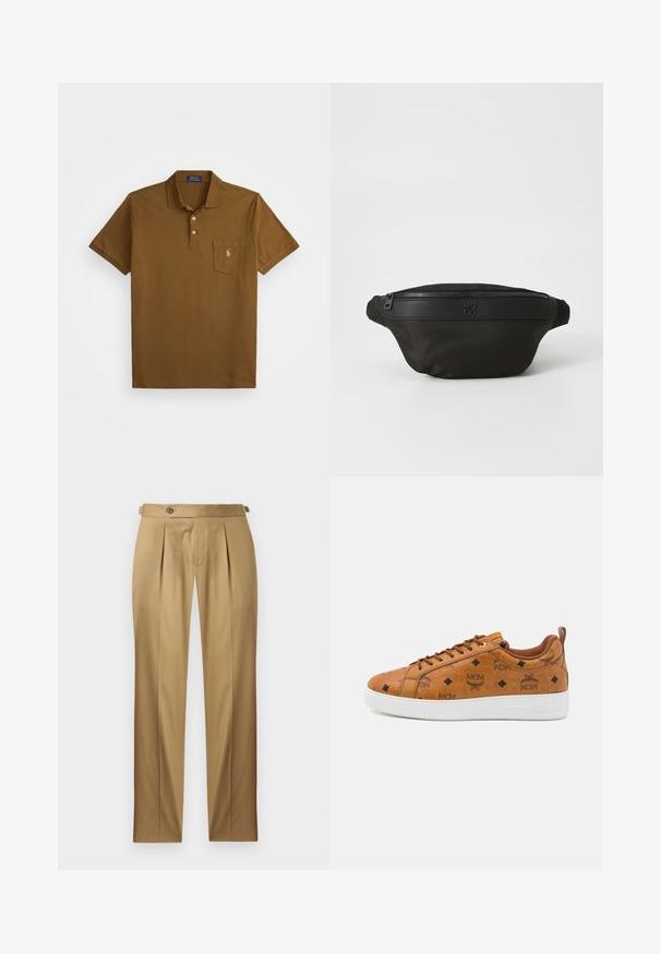 Braunes Polohemd aus Baumwolle mit Kragen, zwei Knöpfen auf der Leiste und einer linken Brusttasche mit gesticktem Logo. Kurze Ärmel.; Beige Hose mit geradem Schnitt, versehen mit Abnähern, einem Knopfverschluss und Gürtelschlaufen. Glatter Stoff mit einem sauberen, maßgeschneiderten Aussehen.; Braune Leder-Sneaker mit geprägtem MCM-Logo, Rautenmuster, weißer Gummisohle und kontrastierenden braunen Schnürsenkeln.; Schwarze Stoffumhängetasche mit Reißverschluss und geprägt Logo. Rundliche Form mit glatter Textur und verstellbarem Gurt.