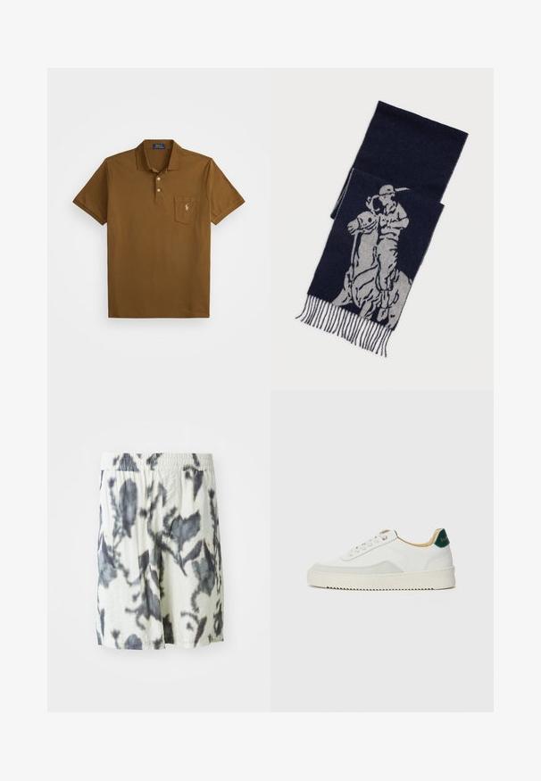 Brun polo skjorte laget av bomull med krage, to-knappsklaff, og en lomme på venstre bryst med en brodert logo. Korte ermer.; Hvite shorts med et svart tie-dye mønster, med elastisk midje og pustende stoff for komfort. Casual design med løs passform.; Hvit sneakers med semsket detaljer, rund tå, flate snøringer og en kremfarget gummisåle. Har grønn merking på hælen.; Mørkeblå sjal med grå grafikk av en polo-spiller på hesteryggen, med frynsete kanter.
