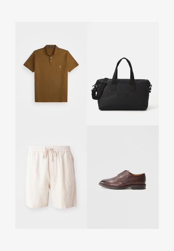 Polo shirt marrone in cotone con colletto, patta con due bottoni e taschino sul petto sinistro con logo ricamato. Maniche corte.; Pantaloni corti in lino beige con vita elasticizzata, cordoncino regolabile e tasche laterali. Morbido al tatto con una vestibilità comoda.; Scarpe formali da uomo in pelle marrone con lacci, dalla finitura liscia e tacco impilato su sfondo bianco.; Borsone nero in nylon con due manici superiori e una tracolla staccabile. Presenta un logo impresso e una consistenza liscia con chiusura a zip.
