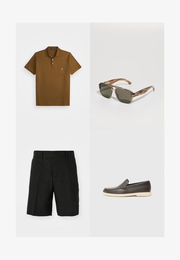 Brun polo skjorte laget av bomull med krage, to-knappsklaff, og en lomme på venstre bryst med en brodert logo. Korte ermer.; Sorte linshorts med en avslappet passform, med flat front, lommer på siden og en midt-lengde snitt. Lett tekstur synlig.; Brune lær slip-on sko med en teksturert overflate og en kontrasterende lys beige såle, med en avrundet tå og minimale sømdetaljer.; BOSS Solbriller - brown