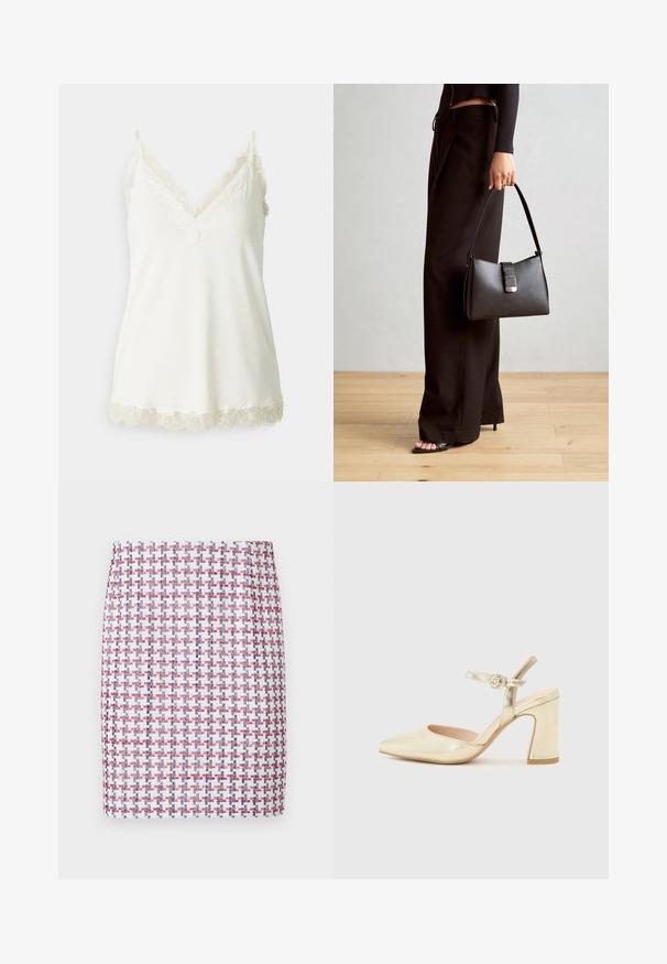 Hvit cami med V-hals, delikat blonder trim langs stroppene og kanten, samt en glatt, myk tekstur. Lett stoff.; Vevd skjørt i rød, hvit og blå rutete mønster, med en rett design og glatt tekstur, med en mid-rise midje.; Gull metallisk hæl sko med spiss tå, ankelrem med en sirkelformet lås, og en tykk hældesign. Glatt tekstur.; Svart håndveske med strukturert form, jevn tekstur og metallisk lås. Kombinert med brede svarte bukser og sandaler med åpen tå på tregulv.
