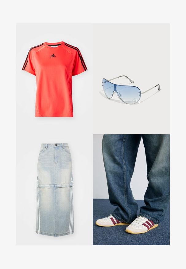 Korte ermer, lys korallfarget sportstrøye laget av lett stoff. Funker svart Adidas-logo og tre svarte striper på hver skulder.; Denim midi-skjørt i lyseblå, med side-striper, en tettsittende midje og frontlommer. Slitt tekstur gir detaljer.; Hvite sneakers med maroon striper, teksturert skinn og mesh, sammen med løstsittende blå denimjeans. Myke gummisåler, uformell stil.; Pilotbriller med gradient blå linse, sølvfarget metallramme og dekorative stjerneaksenter på linsen. Glatt og stilren design.