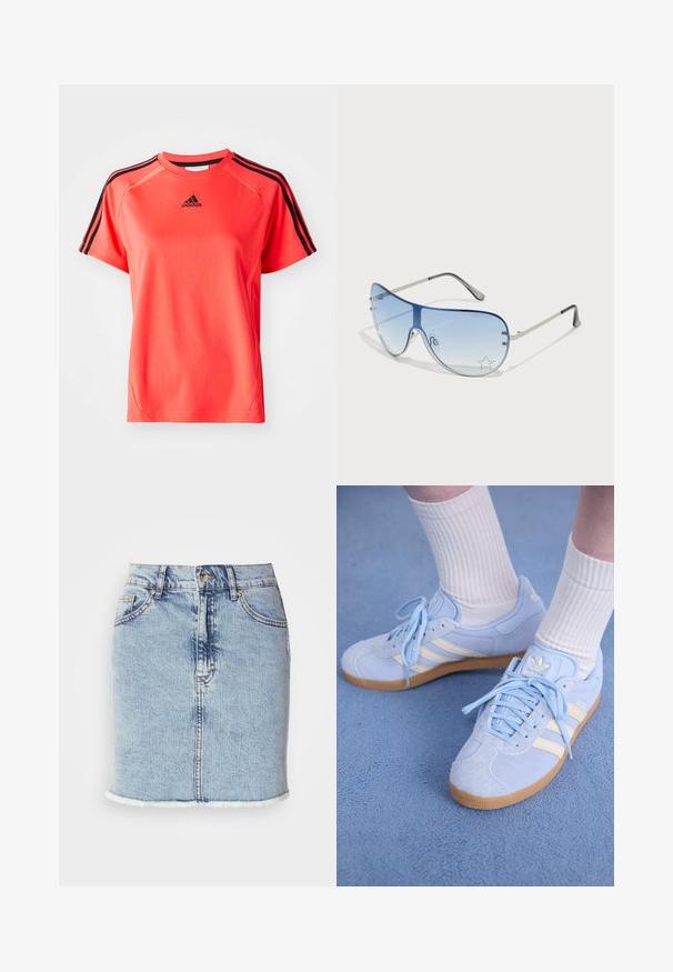 T-shirt de desporto de manga curta, em coral brilhante, feita de um tecido leve. Possui o logótipo preto da Adidas e três riscas pretas em cada ombro.; Saia de ganga azul clara com corte reto, bainha desfiada, design de cinco bolsos e fecho frontal com botões. Textura suave com toques desgastados.; Sapatilhas de camurça azul claro com riscas brancas, atacadores planos e sola em borracha de goma. Meias brancas estriadas são usadas acima do tornozelo.; Óculos de sol aviador com lentes azuis em degradê, armação metálica prateada e detalhes decorativos de estrelas nas lentes. Design suave e elegante.