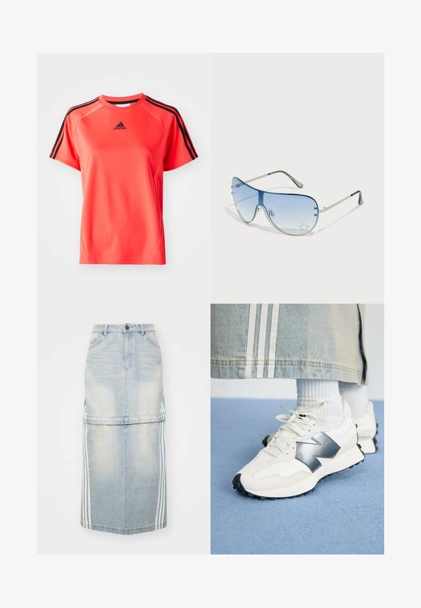 Īsām piedurknēm, spožs korallkrāsas sporta T-krekls, kas izgatavots no viegla auduma. Iekļauts melns Adidas logo un trīs melnas svītras uz katras pleca.; Gaiši zils denim midi svārks ar sānu svītrām, pieguļošu vidukli un priekšējām kabatām. Nolietots raksts piešķir detaļas.; Baltie sporta apavi ar sudraba akcentu, teksturētu audumu un gludu ādu; aprīkoti ar melnu gumijas zoli un šņorēm.; Pilotstila saulesbrilles ar gradienta zilām lēcām, sudraba metāla rāmjiem un dekoratīvām zvaigžņu akcentiem uz lēcām. Gluda un eleganta dizaina.