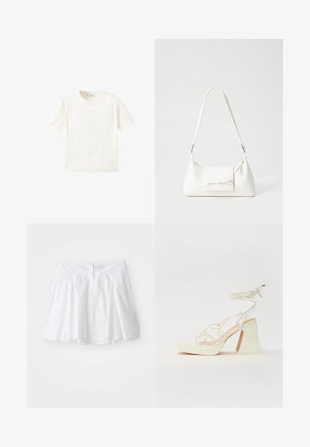Bijela kratka majica s kratkim rukavima s uzorkom pletenice, okruglim izrezom i rebrastim rubom. Mekana tekstura, ležeran kroj i jednostavan dizajn.; Bijela pamučna suknja s raširenim dizajnom, s kopčanjem dugmadi sprijeda i suptilnim nabiranjem u struku za oblikovanje.; Bijela sandala na visokoj potpetici s debelim petom, s remenom i vezanjem oko gležnja. Glatka tekstura s platformom sprijeda za dodatnu visinu.; Bijela sintetička torbica s trokutastim oblikom, ravnim prednjim poklopcem i detaljem u obliku mašne, podesivom remenom, glatkom teksturom i minimalističkim dizajnom.
