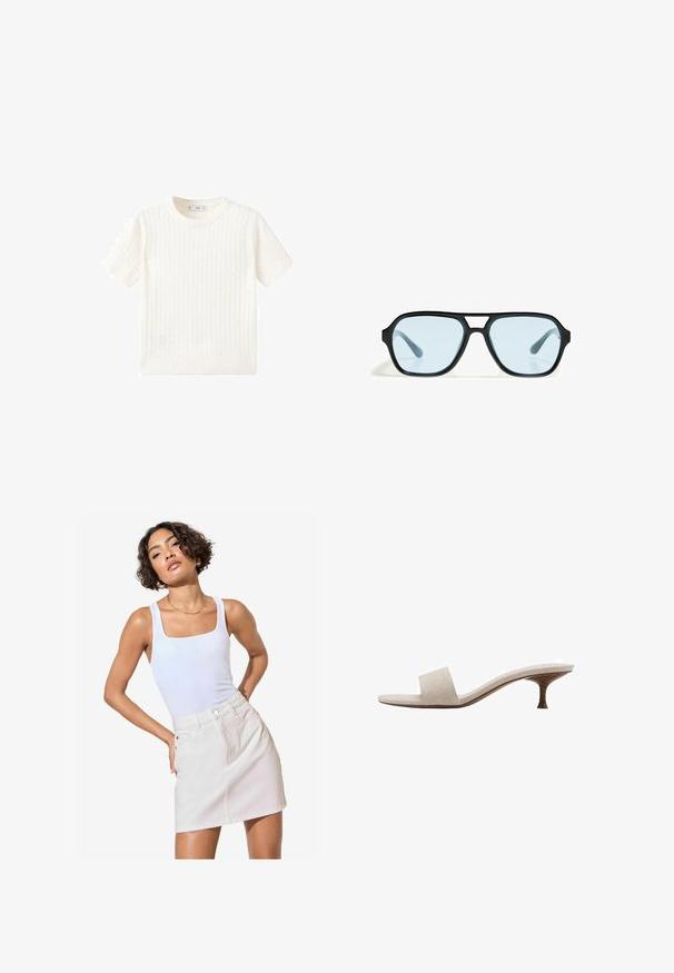 Weißer Kurzarmpullover mit Zopfmuster, Rundhalsausschnitt und geripptem Saum. Weicher Stoff, lässige Passform und schlichtes Design.; Weißes Tanktop mit quadratischem Ausschnitt, kombiniert mit einem hellbeigen Denim-Minirock, der über Fronttaschen und dezente Nähedetails verfügt.; Fersenlose Sandale mit einem Obermaterial aus beigem gewebtem Stoff, offener Zehenpartie und geschwungenem Holzmittelsohle. Das Design zeichnet sich durch eine glatte Textur und eine minimalistische Form aus.; Schwarze Sonnenbrille mit rechteckigen Fassungen, blaufarbenen Gläsern und einem markanten Brückendesign. Schlanke Oberfläche, dezente Textur.; Beige Lederhandtasche mit einer einzigartigen Form, die zwei kurze Henkel und einen langen verstellbaren Riemen aufweist. Glatte Textur mit minimalen Hardware-Elementen.
