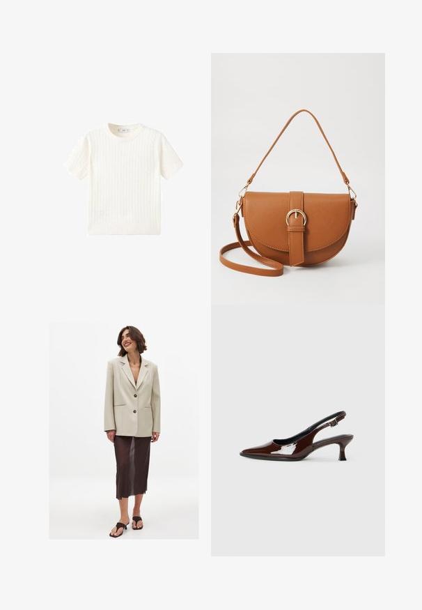 Hvid kortærmet sweater med et kabelstrik mønster, rund halsudskæring og ribbet kant. Blød tekstur, afslappet pasform og rent design.; Beige oversized blazer med en spids klap og to knapper, parret med en gennemsigtig brun midi-nederdel og brune slip-on sandaler.; Brun patenteret læder slingback sko med spids tå og en moderat hæl. Har en spænde rem for en sikker pasform. Glat tekstur.; Brun læder crossbody taske med en buet form, guldfarvet hardware og en spændeaccent. Har en aftagelig skulderrem.