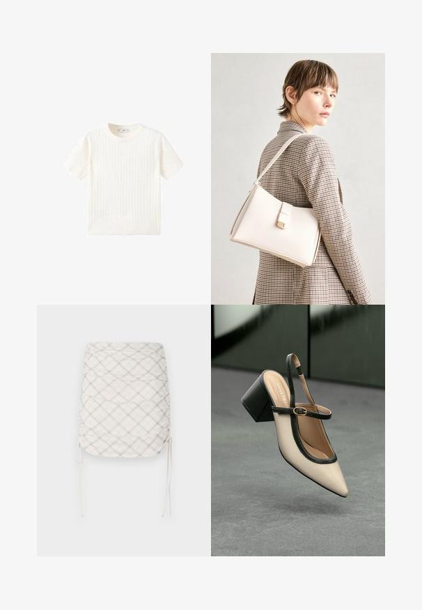 Pulover alb cu mânecă scurtă, având un model cu tricotaj în cablu, guler rotund și tiv răsucit. Textură moale, ajustare casuală și design curat.; Fustă mini bufantă în crem cu un model în carouri gri și bej. Dispune de legături laterale ajustabile și un material neted, texturat.; Pantof divers în nuanță bej, cu vârf ascuțit, curea de susținere în spate, cu margine neagră, cataramă aurie și toc gros pe un podea gri, cu un fundal verde închis.; Geantă de mână din piele albă cu un design structurat, având o închidere magnetică și un breteau, expusă pe un fundal neutru.