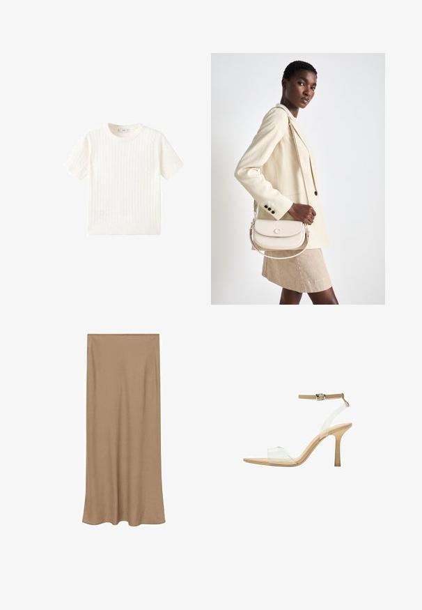Pulover alb cu mânecă scurtă, având un model cu tricotaj în cablu, guler rotund și tiv răsucit. Textură moale, ajustare casuală și design curat.; Fustă bej, tăiată drept, lungă, cu o talie simplă și material neted, expusă pe un fundal alb.; Sandalie cu toc transparent, cu un brad transparent, talpă bej și o curea subțire pentru glezna. Au vârf ascuțit și un toc subțire înalt.; COACH EMMY SADDLE BAG 23 - Geantă de mână - chalk