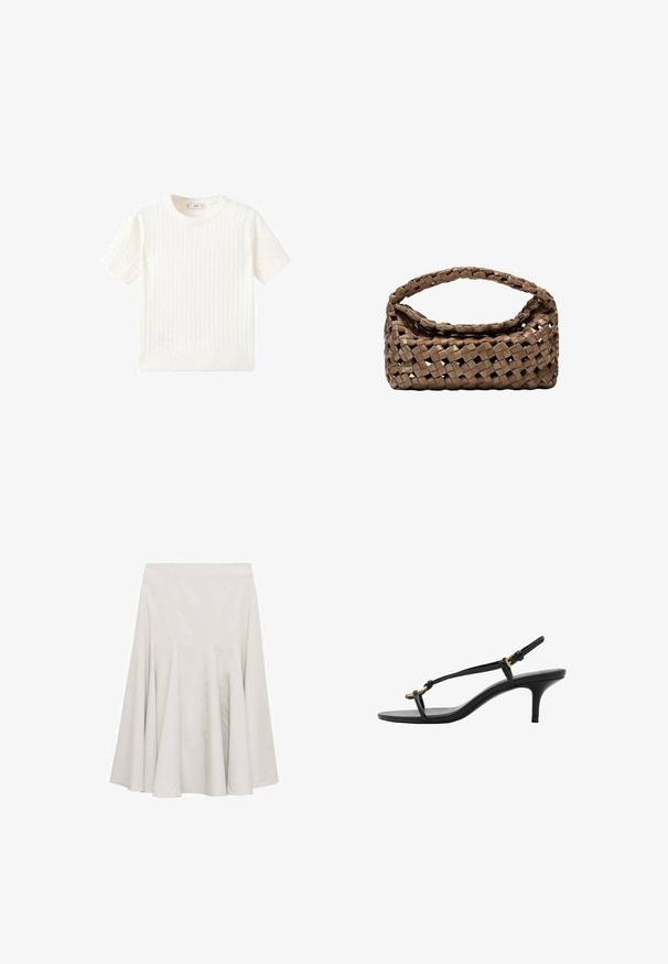 Bílý svetřík s krátkým rukávem a vzorem copánkového pletení, kulatým výstřihem a pružným lemem. Měkká textura, volný střih a čistý design.; Světlý krémový rozšířený sukni z hladkého materiálu, která má sklady pro objem a jednoduchý, nezdobený design.; Černé kožené sandály na kotníkovém podpatku s tenkými pásky, zlatou sponou a minimalistickým provlečením na prstech na bílém pozadí.; Tkaná hnědá kabelka s obdélníkovým tvarem, pevnou rukojetí a texturovaným povrchem. Disponuje uzavřeným vrchem a složitým vzorem tkaní.