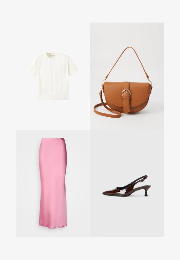 Bela kratka majica s kratkimi rokavi z vzorcem kabelskega pletenja, okroglo izrezano in rebrastim robom. Mehak material, sproščen kroj in čist dizajn.; Roza satenasta maksi krila z elegantnim dizajnom, gladko teksturo in oprijetim silhueto, ki ima visok pas in brez vidnih zaponk.; Rjavi lakirani slingback čevelj z ostro konico in zmerno peto. Ima zaponko za varno prileganje. Gladka tekstura.; Rjava usnjena torbica prek telesa s ukrivljeno obliko, zlate opreme in sponko. Ima odstranljiv naramni trak.