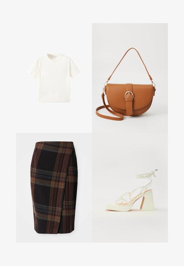 White short-sleeve sweater with a cable knit pattern, round neckline, and ribbed hem. Soft texture, casual fit, and clean design.; Tartan pencil skirt in dark colors with horizontal and vertical patterns. Made of wool, featuring a side slit for ease of movement.; White high-heeled sandal with a chunky heel, featuring a strappy design and ankle tie. Smooth texture with a platform front for added height.; Brown leather crossbody bag with a curved shape, gold hardware, and a buckle accent. Features a detachable shoulder strap.