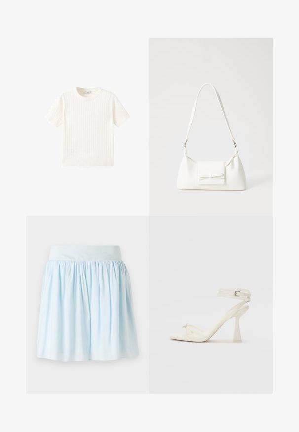 Pulover alb cu mânecă scurtă, având un model cu tricotaj în cablu, guler rotund și tiv răsucit. Textură moale, ajustare casuală și design curat.; Fustă de culoare albastru deschis, cu un design pliat, având o curea largă și o textură moale; potrivită pentru îmbrăcăminte casual. Fără modele sau accesorii vizibile.; Sandalele cu toc înalt, cu bretele, din piele albă, cu un design elegant, toc transparent și un element decorativ la vârf.; Geantă sintetică albă, cu formă triangulară, capac frontal plat și detaliu cu fundă, curea ajustabilă, textură netedă și design minimalist.
