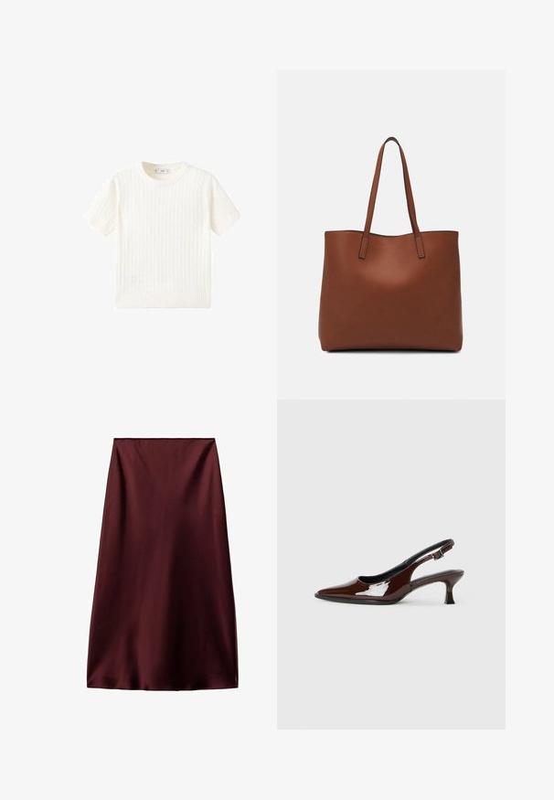 Biely krátkoprstý sveter s pleteným vzorom, okrúhlym výstrihom a rebrovaným lemom. Mäkka textúra, voľný strih a čistý dizajn.; Burgundská saténová sukňa s hladkou textúrou, dizajnom po kolená a rovnou siluetou, s jednoduchým, nezdobeným lemom.; Hnedá lakovaná slingback obuv s špicatou špičkou a mierne vysokým opätkom. Obsahuje pracku pre bezpečné upevnenie. Hladká textúra.; Hnedá kožená taška na rameno s hladkou textúrou, otvoreným vrchom a dvoma ramenými popruhmi. Má minimálne šitia a žiadne viditeľné kovania.