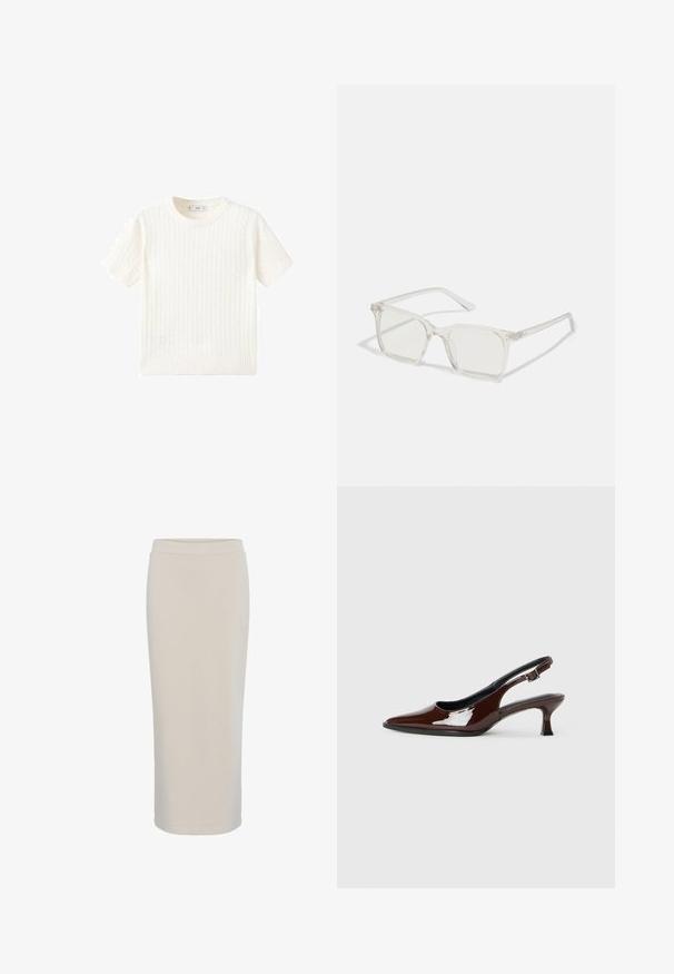 Pulover alb cu mânecă scurtă, având un model cu tricotaj în cablu, guler rotund și tiv răsucit. Textură moale, ajustare casuală și design curat.; Fustă bej, până la genunchi, dintr-un material moale și elastic. Dispune de un brâu elastic simplu și o siluetă dreaptă, fără modele vizibile.; Pantofii slingback din piele patent maro, cu vârful ascuțit și un toc moderat. Prezintă o curea cu prindere pentru o potrivire sigură. Textură netedă.; Ochelari de vedere cu rame pătrate din plastic transparent, dotate cu lentile translucide și accente aurii pe temple pentru un detaliu suplimentar.