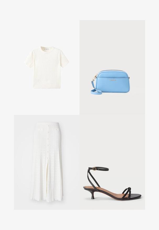 Weißer Kurzarmpullover mit Zopfmuster, Rundhalsausschnitt und geripptem Saum. Weicher Stoff, lässige Passform und schlichtes Design.; Weiße Midirock mit strukturiertem Zopfmuster, mit einem Schlitz vorne, Knopfverschluss und zwei vorderen Taschen.; Polo Ralph Lauren LEATHER KITTEN-HEEL SANDAL - Pumps - black; Hellblaues Leder-Crossbody-Bag mit goldfarbenen Beschlägen, Reißverschluss und einer Fronttasche. Verfügt über einen verstellbaren Riemen für zusätzlichen Komfort.