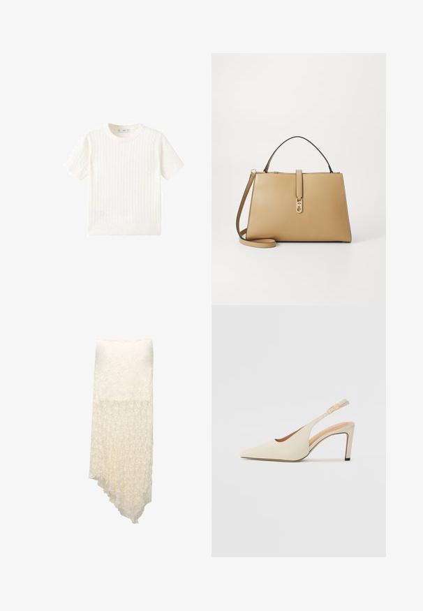Maglione bianco a maniche corte con motivo a treccia, scollatura rotonda e orlo a coste. Texture morbida, vestibilità casual e design pulito.; Gonna avvolgente bianca e testurizzata con un orlo asimmetrico, caratterizzata da un motivo pieghettato che passa gradualmente da opaco a semi-trasparente.; Décolleté slingback beige in pelle con punta affusolata, design aperto ai lati e tacco alto sottile. Presenta un accento dorato sulla cinghia.; Tommy Hilfiger LIBRE SATCHEL - Borsa a mano - safari