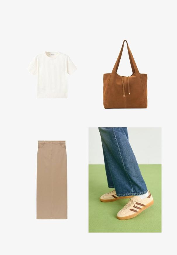 Bela kratka majica s kratkimi rokavi z vzorcem kabelskega pletenja, okroglo izrezano in rebrastim robom. Mehak material, sproščen kroj in čist dizajn.; Mango Dolgo krilo - beige; Bež teniske z teksturiranimi kremnimi paneli in rjavimi črtami, v kombinaciji z modrimi kavbojkami. Kavbojke imajo široke hlačnice in raztrgan rob.; Rjava semiš torba z dvema dolgima ročajema, z vrvico za zapiranje in minimalističnim dizajnom. Gladka tekstura in brez vidnih kovinskih dodatkov.