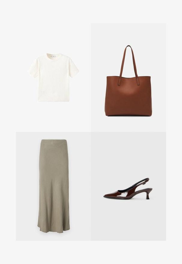 Bela kratka majica s kratkimi rokavi z vzorcem kabelskega pletenja, okroglo izrezano in rebrastim robom. Mehak material, sproščen kroj in čist dizajn.; Krilo do kolen, ravnega kroja, narejeno iz mehkega, lahkega materiala v zmerni olivno zeleni barvi z diskretno teksturo in brez vidnih zapenjanj.; Rjavi lakirani slingback čevelj z ostro konico in zmerno peto. Ima zaponko za varno prileganje. Gladka tekstura.; Rjava usnjena torba z gladko teksturo, odprto zasnovo zgoraj in dvema naramnima trakovoma. Opremljena je z minimalnim šivanjem in brez vidnih kovinskih delov.