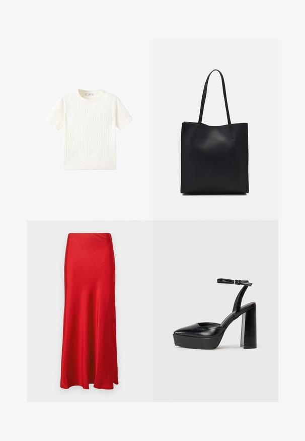 Biely krátkoprstý sveter s pleteným vzorom, okrúhlym výstrihom a rebrovaným lemom. Mäkka textúra, voľný strih a čistý dizajn.; Červená saténová maxi sukňa s hladkou textúrou, s vysokým pásom a jemnou áčkovou siluetou. Lem je na spodku mierne rozšírený.; Čierne platformové podpätky so špicatou špičkou a nastaviteľným členkovým remienkom. Vyrobené z hladkej kože a so robustným blokovým podpätkom.; Čierna kožená taška na rameno s hladkým povrchom, obdĺžnikovým tvarom a dvoma dlhými uchami. Bez viditeľného kovania alebo ozdôb.