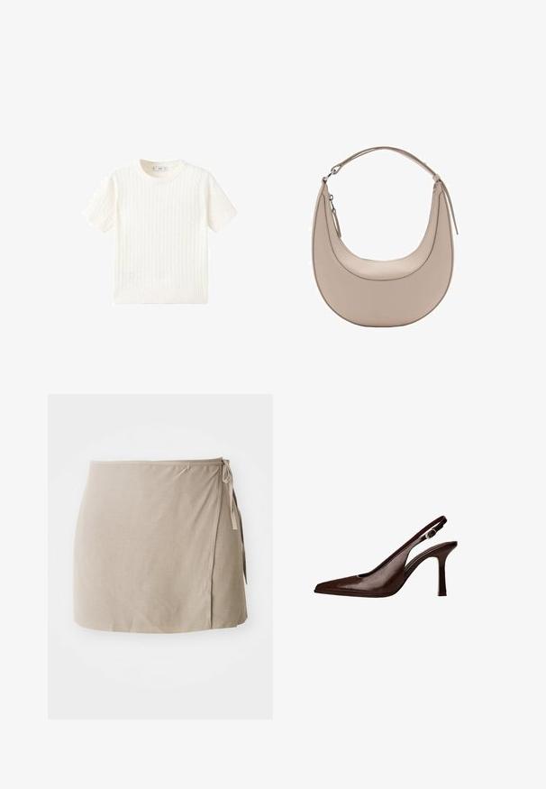 White short-sleeve sweater with a cable knit pattern, round neckline, and ribbed hem. Soft texture, casual fit, and clean design.; Beige wrap skirt with a side tie, made of lightweight fabric. Features a smooth texture and a straight silhouette with a subtle drape.; Brown leather slingback pump with a pointed toe and a thin heel. Features a small accent buckle on the strap and a glossy finish.; Beige leather shoulder bag with a crescent shape, smooth texture, and a single curved handle. Features a zip closure and neat stitching.