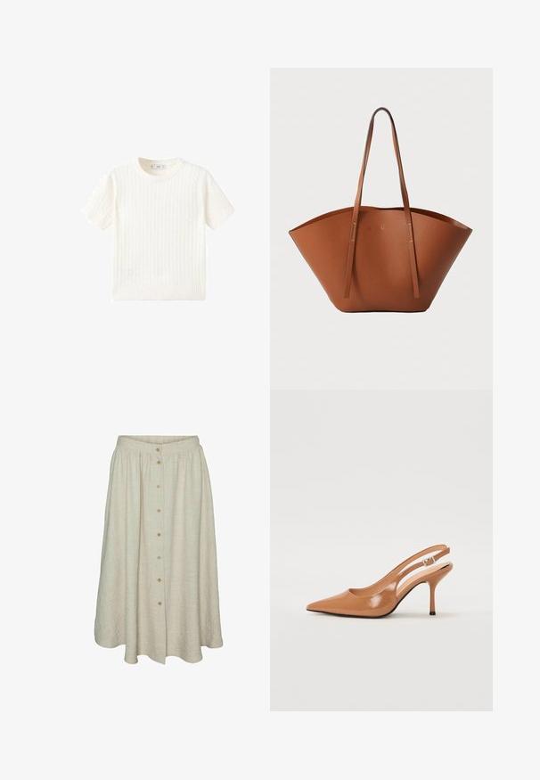 Witte korte mouwen trui met een kabelbreipatroon, ronde halslijn en geribbelde onderkant. Zachte textuur, casual pasvorm en een strakke uitstraling.; Beige rok tot op de knie van textuurstof met een knopenlijst, elastische tailleband en een vloeiend ontwerp.; Puntige slingback hak in een glad, glanzend beige materiaal. Bevat een gebogen uitsnijdontwerp en een slanke stiletto hak. Zilveren gesp detail.; Bruine lederen totebag met een brede, gestructureerde vorm, dunne handvatten en een gestructureerde afwerking. Kenmerkt zich door een minimalistisch ontwerp zonder zichtbare hardware.