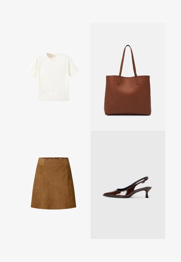 Bijela kratka majica s kratkim rukavima s uzorkom pletenice, okruglim izrezom i rebrastim rubom. Mekana tekstura, ležeran kroj i jednostavan dizajn.; Smeđa ante mini suknja ravnog kroja, s glatkom teksturom i zatvaranjem na stražnjem dijelu sa zipom. Jednostavan dizajn bez dodatnih akcenta.; Smeđe patentne kožne cipele s otvorenom petom, špicastim vrhom i umjerenom petom. Imaju remen s kopčom za sigurno pristajanje. Glatka tekstura.; Smeđa kožna torba preko ramena s glatkom teksturom, otvorenim vrhom i dvjema naramenicama. Ima minimalne šavove i nema vidljivog hardvera.