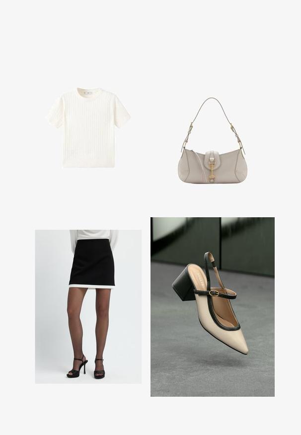 Witte korte mouwen trui met een kabelbreipatroon, ronde halslijn en geribbelde onderkant. Zachte textuur, casual pasvorm en een strakke uitstraling.; Zwarte mini-jurk met een witte zoom, gemaakt van een gladde stof. Gecombineerd met zwarte platform sandalen, die een minimalistisch ontwerp tonen.; Beige puntige slingback schoen met zwarte rand, gouden gesp en een chunky blokhak op een grijze vloer met een donker groene achtergrond.; Lichtgrijze leren handtas met een gebogen vorm, gouden accenten, een sluiting aan de voorkant en gestikte details. Inclusief verstelbare schouderriem.
