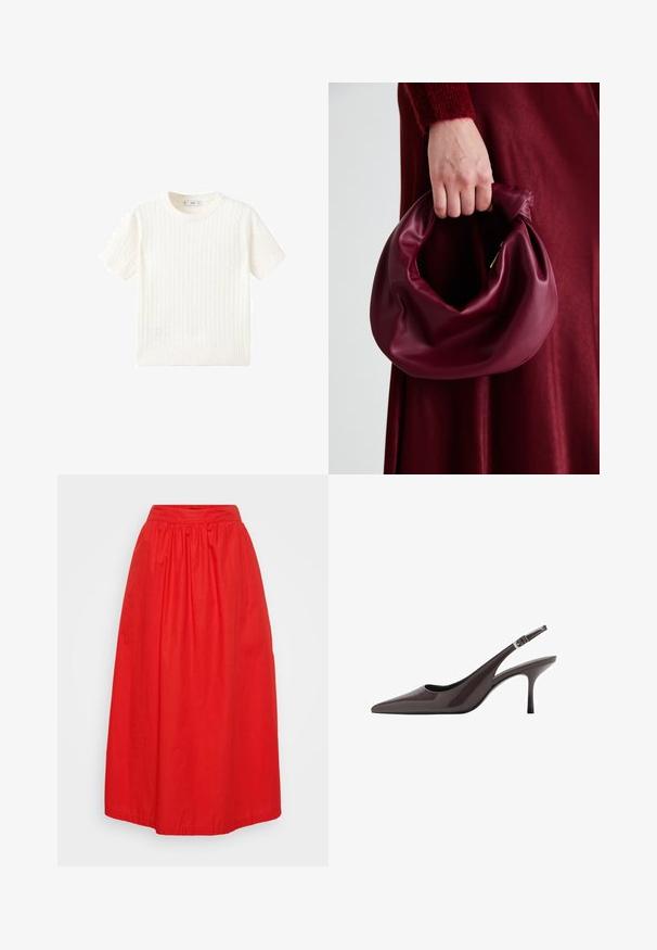 Bela kratka majica s kratkimi rokavi z vzorcem kabelskega pletenja, okroglo izrezano in rebrastim robom. Mehak material, sproščen kroj in čist dizajn.; Rdeča krila do gležnov iz lahkega materiala. Ima zbrane elastične pasove in gladko, neokrašeno površino.; Svetle črne slingback pete s pointed toe v temno rjavi lakirani usnjeni obliki, ki vključujejo vitko visoko peto in nastavljiv gleženjski trak z zaponko.; Bordo usnjeni ročni torbici s mehak, nabrana zasnova in okrogla oblika. Ročaj je varen in prikazuje gladko teksturo.