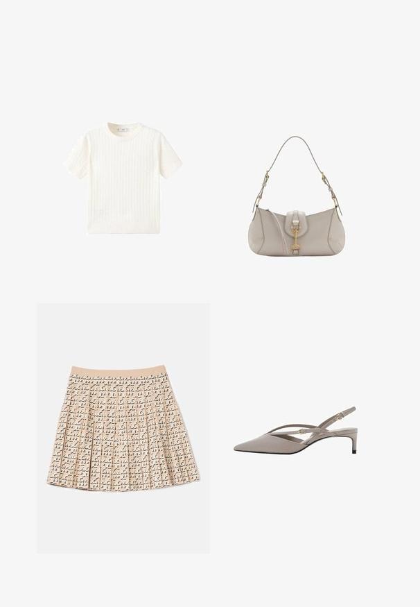 Bela kratka majica s kratkimi rokavi z vzorcem kabelskega pletenja, okroglo izrezano in rebrastim robom. Mehak material, sproščen kroj in čist dizajn.; Plisirana krila iz bež tkanine z ponavljajočim se črnim vzorcem. Ima mehak pas in rahlo razširjen dizajn.; Bež sandale na visoki peto s izostrenim nosom, tankimi križnimi naramnicami in kratkim stiletto peto. Gladek material z zasebnimi zlatimi detajli.; Svetlo siva usnjena torbica s ukrivljeno obliko, zlato kovinsko dodatki, sprednji sponka in šivani detajli. Vključena nastavljiva naramnica.