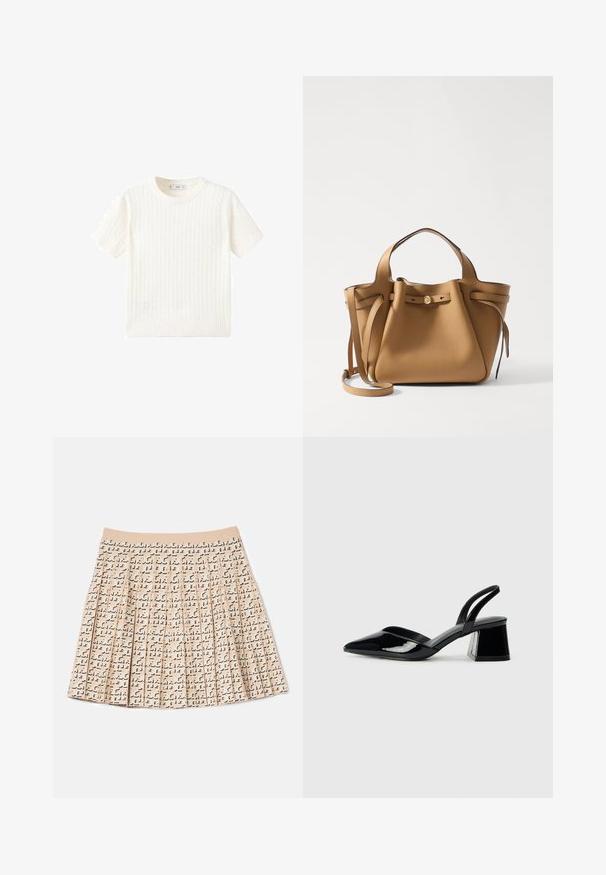 Maglione bianco a maniche corte con motivo a treccia, scollatura rotonda e orlo a coste. Texture morbida, vestibilità casual e design pulito.; Gonna plissettata realizzata in tessuto beige con un motivo nero ripetuto. Presenta una vita morbida e un design leggermente svasato.; Décolleté in vernice nera con punta affusolata e tacco in geometria cubica. Presentano un design elegante e minimalista, con una texture liscia.; Tory Burch ROMY PEBBLED SATCHEL - Borsa a mano - tiramisu