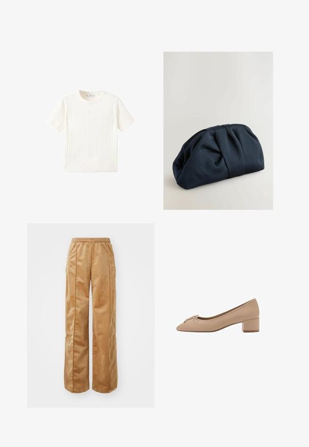 Biely krátkoprstý sveter s pleteným vzorom, okrúhlym výstrihom a rebrovaným lemom. Mäkka textúra, voľný strih a čistý dizajn.; Béžové široké nohavice vyrobené z mäkkého, zamatového materiálu. Obsahujú elastický pás a vertikálne švy na prednej strane pre dodatočný detail.; Béžové kožené lodičky s špicatou špičkou, malou mašľou na prednej strane a štvorcovým nízkym podpätkom. Hladká textúra s minimálnym prešitím.; Tmavomodrá látková kabelka na ruku s textúrovaným povrchom, nariaseným dizajnom a zaobleným tvarom. Neobsahuje žiadne viditeľné kovania či akcenty.