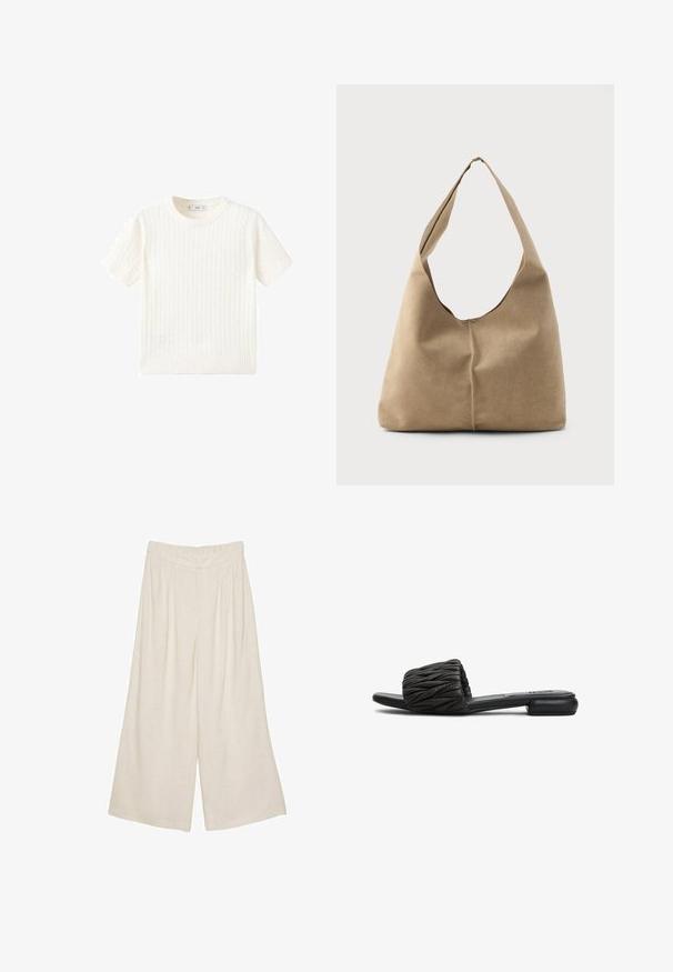 Maglione bianco a maniche corte con motivo a treccia, scollatura rotonda e orlo a coste. Texture morbida, vestibilità casual e design pulito.; Pantaloni larghi in lino di colore beige chiaro con un design plissettato e una vita elasticizzata per comfort e facilità d'uso.; Infradito neri con superiore trapuntato, suola piatta e design minimalista. Realizzati in materiale sintetico con texture liscia e senza parti metalliche visibili.; Borsa hobo in morbido suede beige con una forma scomposta, ampia tracolla e un dettaglio di cucitura a mano lungo la parte anteriore.