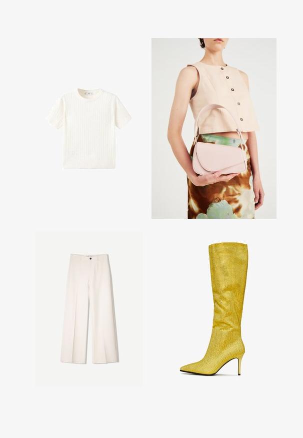 Weißer Kurzarmpullover mit Zopfmuster, Rundhalsausschnitt und geripptem Saum. Weicher Stoff, lässige Passform und schlichtes Design.; Cremfarbene weitem Hosen mit maßgeschneidertem Design, ausgestattet mit zwei vorderen Taschen und einem vorderen Knopfverschluss, aus glattem Stoff gefertigt.; Gelbe kniefrei Stiefel aus strukturiertem Material mit spitzem Zehenbereich und bedeckt mit kleinen metallischen Nieten. Ausgestattet mit einem hohen Stiletto-Absatz.; Rosa Lederhandtasche mit gewölbtem Deckel, einem Schulterriemen und klaren Linien. Die Tasche zeigt eine glatte Textur und ein minimalistisches Design.