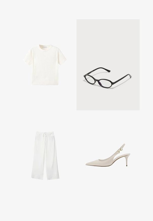 Bela kratka majica s kratkimi rokavi z vzorcem kabelskega pletenja, okroglo izrezano in rebrastim robom. Mehak material, sproščen kroj in čist dizajn.; Bela široka hlače iz mehkega materiala, z vrvico v pasu in dvema sprednjima žepoma. Gladek texture in brez vidnih vzorcev.; Bež usnjena sandalna obutev s koničastim nosom, tankim petam in zlatimi kovinskimi detajli na traku. Gladka tekstura po celotni obutvi.; Črne ovalne okvirne očala z prosojnimi vijoličnimi detajli na lečah. Okviri imajo mat zaključek in vitke, ravne nogice.; Svetlo siva usnjena torba z U-oblika zasnovo in ukrivljenim kovinskim ročajem. Gladka tekstura z minimalnim šivom in brez vidnih vzorcev.