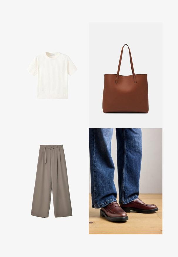 Biely krátkoprstý sveter s pleteným vzorom, okrúhlym výstrihom a rebrovaným lemom. Mäkka textúra, voľný strih a čistý dizajn.; Široké nohavice v jemnej, tlmenej šedej tkanine, s opaskom v pase a vreckami pre dodatočný dizajnový detail. Hladký povrch, bez vzorov.; Osoba v hnedých kožených mokasínach a modrých džínsach stojí na drevenej podlahe na neutrálnom pozadí.; Hnedá kožená taška na rameno s hladkou textúrou, otvoreným vrchom a dvoma ramenými popruhmi. Má minimálne šitia a žiadne viditeľné kovania.