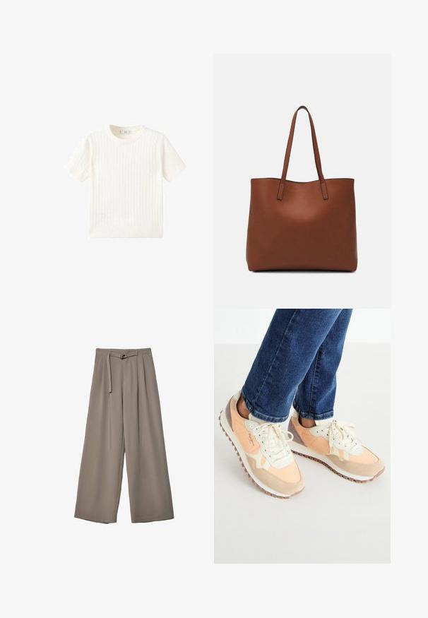 Bijela kratka majica s kratkim rukavima s uzorkom pletenice, okruglim izrezom i rebrastim rubom. Mekana tekstura, ležeran kroj i jednostavan dizajn.; Široke hlače u mekoj, prigušenoj sivoj tkanini, s remenom na struku i plisiranim detaljima za dodatni dizajn. Glatka tekstura, bez uzoraka.; Lagane tenisice u breskvastim i krem tonovima, s omogućenom kombinacijom suedinog i mrežastog materijala, vezanjem čipkom i gumenim potplatom s uzorkom na površini radi bolje prionjivosti.; Smeđa kožna torba preko ramena s glatkom teksturom, otvorenim vrhom i dvjema naramenicama. Ima minimalne šavove i nema vidljivog hardvera.