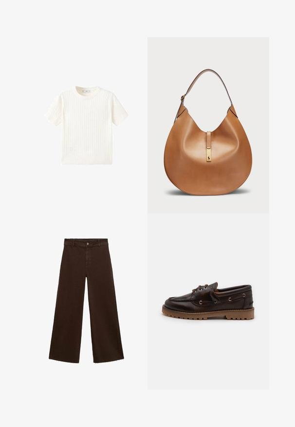Weißer Kurzarmpullover mit Zopfmuster, Rundhalsausschnitt und geripptem Saum. Weicher Stoff, lässige Passform und schlichtes Design.; Braune, weit geschnittene Hosen aus Baumwollmischung mit fransigem Saum, vorderem Knopfverschluss und klassischem Fünf-Taschen-Design. Minimalistisch und vielseitig.; Braune Lederbootsschuhe mit runder Zehenpartie, zwei Ösen und strukturiertem Gummisohle. Mit genähten Details und einer kontrastierenden, tanfarbenen Laufsohle.; Taschenhandtasche aus braunem Leder mit geschwungener Form und breitem Schultergurt. Sie verfügt über einen goldenen Metallakzent in der Mitte und eine glatte Textur.