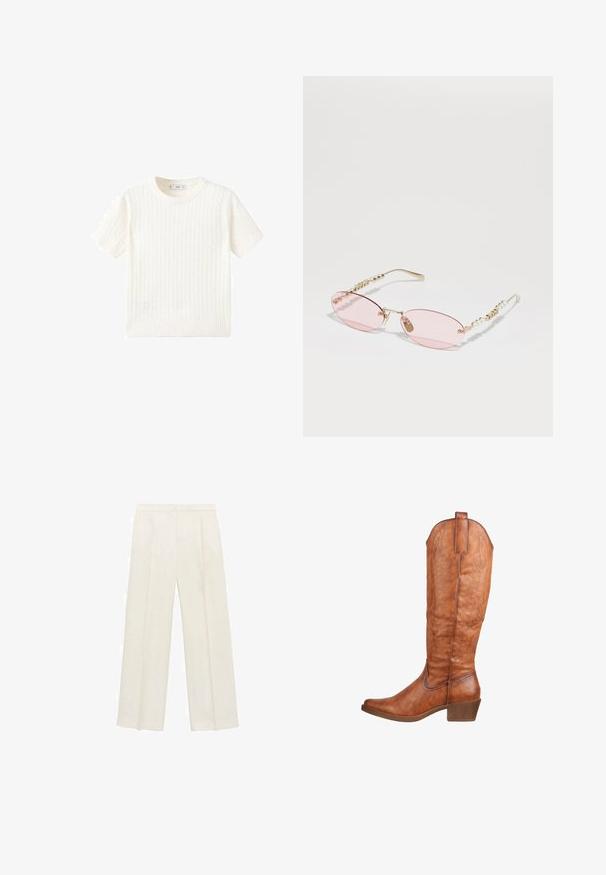 Biały sweter z krótkim rękawem, z wzorem w warkocze, okrągłym dekoltem i ściągaczem na dole. Miękka tekstura, luźny krój i czysty design.; Spodnie o szerokich nogawkach w jasnym kolorze kremowym. Wykonane z gładkiego materiału, z plisami z przodu i bocznymi kieszeniami.; Brązowe skórzane kozaki do kolan z lekko spiczastym noskiem, ozdobnym przeszyciem i umiarkowanym obcasem. Teksturowane wykończenie z pętelką z tyłu.; Gucci - Okulary przeciwsłoneczne; Beżowa skórzana torebka o unikalnym kształcie, z dwoma krótkimi uchwytami i długim, regulowanym paskiem. Gładka tekstura z minimalną ilością elementów metalowych.